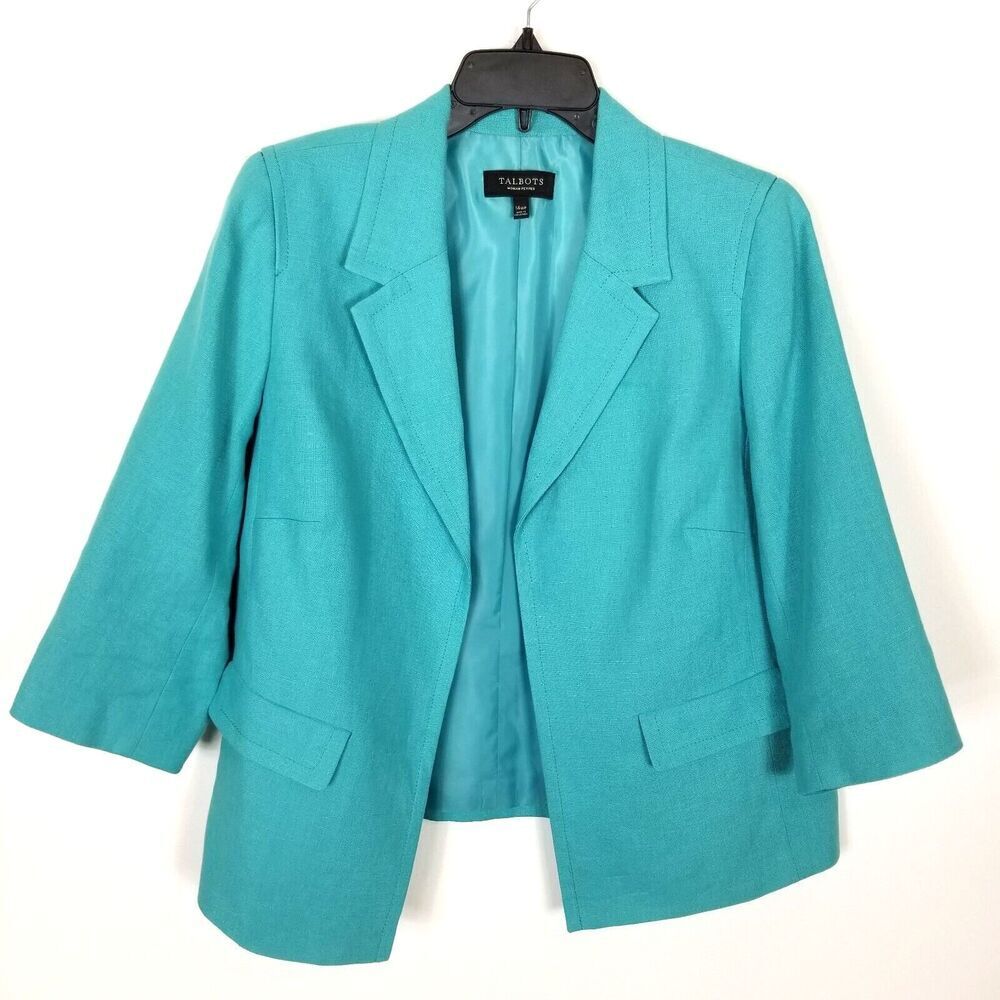 Talbots Women Plus Open Front 100% Linen Blazer Jacket Sz 14 Petite Blue Preppy